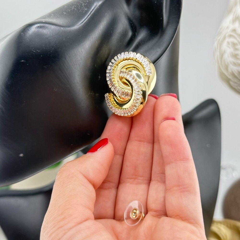 Natasha Gold-Tone Knot Earrings with Cubic Zirconia – Bold Statement Studs - Picture 10 of 13